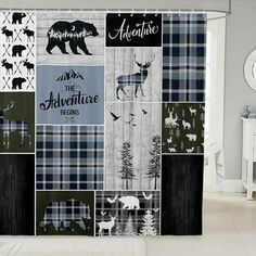 the shower curtain is made up of many different patterns and animals, including an elk, bear