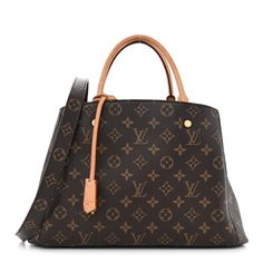 This is an authentic LOUIS VUITTON Monogram Montaigne MM. This chic tote is crafted of Louis Vuitton monogram toile canvas. The bag features rolled vachetta leather top handles, an optional toile canvas shoulder strap, and gold hardware. The top is open to a partitioned plum purple microfiber interior with patch pockets and central zipper compartment. 1437582 Luxury Monogram Canvas Satchel, Top Handle Monogram Canvas Bag With Leather Handles, Elegant Monogram Canvas Satchel For Daily Use, Elegant Daily Use Satchel In Monogram Canvas, Monogram Canvas Bags With Leather Handles, Luxury Monogram Canvas Satchel With Detachable Handle, Luxury Monogram Canvas Satchel For Formal Occasions, Luxury Monogram Canvas Business Satchel, Everyday Luxury Double Handle Monogram Canvas Shoulder Bag