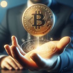 a man in a suit holding up a bitcoin on his palm and touching it with both hands