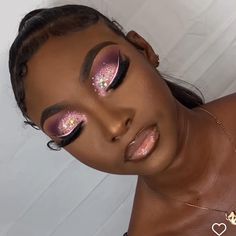 Pink And Gold Glam Makeup, Pink Carnival Makeup, Dramatic Makeup For Black Women, Makeup Looks With Rhinestones, Carnival Makeup Caribbean, Bday Makeup, Eyebrow Styles, Vibrant Makeup