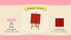 an animal crossing character is standing in front of a red curtain and holding a wooden easel