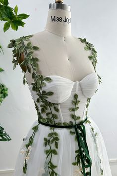 MissJophiel Corset Leaf Embroidered Midi Dress with removable Straps Wedding Dresses With Leaves, Wedding Dress With Green Accent, Wedding Dress With Green Accents, Green Leaf Dress, Wedding Dress With Vines, Mushroom Wedding Dress, Wedding Dress Green Accent, Vine Wedding Dress, Fantasy Corset Outfit