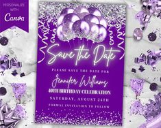 purple save the date party flyer with balloons and confetti