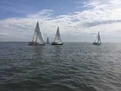 three sailboats are sailing in the ocean on a sunny day with blue skies and white clouds