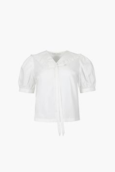 FLORENT TOP IN WHITE – SANDY LIANG White Collared Blouse, Hair Socks, Monthly Payments, Uniform Dress, Knit Outerwear, Sandy Liang, Sailor Collar, Fantasy Gowns, Collar Blouse