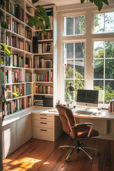 50+ Office Built-In Ideas To Maximize Your Workspace Efficiency Bookshelf In Home Office, Modern Office Library Design, Creative Room Interior, Home Office With Bookshelf, Desk Setup With Bookshelf, Writing Desk Ideas Inspiration, Bookshelf In Front Of Window, Small Home Office Library Ideas, Built In Bookshelves With Desk Living Room