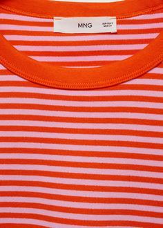 Printed striped T-shirt - Woman | MANGO USA Spring Cotton T-shirt With Striped Sleeves, Trendy Cotton T-shirt With Contrast Stripes, Summer Crew Neck T-shirt With Striped Sleeves, Trendy T-shirt With Horizontal Stripe For Spring, Trendy Horizontal Stripe T-shirt For Spring, Summer Cotton T-shirt With Striped Sleeves, Trendy Cotton Tops With Striped Hem, Trendy Cotton T-shirt With Horizontal Stripes, Trendy Cotton Tops With Vertical Stripes