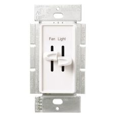 a white light switch with two black and white lights on the front, and an electrical outlet in the back