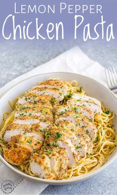 lemon pepper chicken pasta in a white bowl