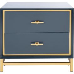 a blue and gold nightstand with two drawers on each side, one drawer has brass handles