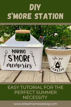 two ice cream containers sitting on top of a wooden table with the words make smore memories