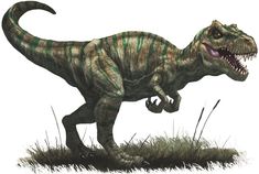 an image of a dinosaur that is walking in the grass with it's mouth open