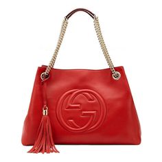 This Gucci Red Leather Bag Features The Interlocking Gg Logo. It Is Large Enough To Carry All Of Your Essentials In Style. The Shoulder Straps Are Made Of Gold Chain, But Come With Leather Shoulder Padding For Comfort. This Designer Handbag Goes Great With Any Everyday Look And Is Super Chic. Model: 536196 Red Pebbled Leather Detachable Leather Tassel Double Chain Shoulder Straps With Leather Shoulder Pad Strap Drop: 8" Inside Hook Closure Gold-Toned Hardware Two Interior Patch Pockets One Inter Gucci Soho Bag, Red Handbags, Gucci Soho, Red Leather Bag, Gucci Purses, Gucci Tote, Red Tote, Gucci Shoulder Bag, Leather Hobo Bag