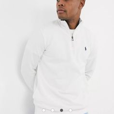 Polo Ralph Lauren Quarter Zip Pullover On Beige Signature Embroidered Pony At The Left Chest Mock Neck Long Sleeves With Ribbed Cuffs Ribbed Hem Cotton Machine Washable Casual White Half-zip Top, White Half-zip Sweatshirt For Spring, White Half-zip Cotton Top, White Cotton Half-zip Top, Ralph Lauren Quarter Zip, 1/4 Zip Pullover, Quarter Zip Pullover, Ralph Lauren Shirt, 1/4 Zip