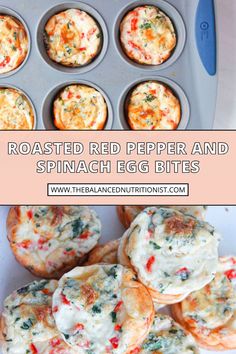 some muffins with cheese and spinach in them on a tray next to the words roasted red pepper and spinach egg bites