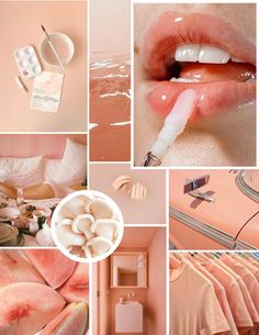 a collage of photos with pink and white items on them, including lipstick, clothes,