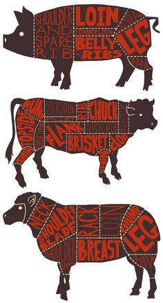 three cuts of meat are shown in red and black