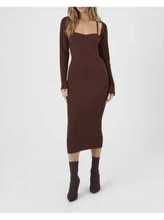 A ribbed knit set featuring a midi sweater dress with a sweetheart neckline, cami straps, straight-cut back, and bodycon silhouette, as well as a matching shrug with dropped long sleeves.Shrug & Sweater Cami Dress Set Brown         Women Clothing, size features are:Bust: ,Length: ,Sleeve Length: Winter Bodycon Dress With Square Neck, Ribbed Square Neck Winter Dresses, Ribbed Square Neck Dresses For Winter, Winter Ribbed Square Neck Dress, Ribbed Midi Dress For Winter Night Out, Winter Ribbed Midi Dress For Night Out, Fall Party Midi Dress With Straight Neckline, Fitted Ribbed Midi Dress With Square Neck, Trendy Ribbed Midi Dress For Date Night