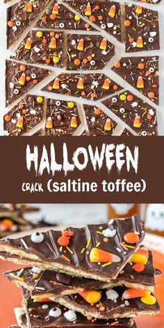 Halloween Bark Pioneer Woman, Halloween Bark With Saltines, Saltine Cracker Toffee Halloween, Halloween Saltine Cracker Toffee, Halloween Toffee Bark, Spooky Easy Desserts, Spooky Deserts Halloween Foods, Easy Halloween Baked Treats, Halloween Candy To Make