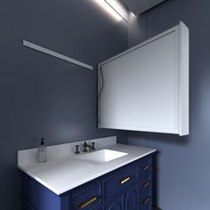 a bathroom with blue cabinets and a white sink in the middle is shown, it appears to be empty