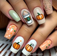 Pumpkin Spice Latte Nail Art, Husky Nail Designs, Pumpkin Spice Nails Acrylic, Pumpkin Spice Nail Art, White Fall Nail Designs, Coffee Nails Designs Art Ideas, Fall Nails Pumpkins, Ghost And Pumpkin Nails, Pumpkin Spice Latte Nails