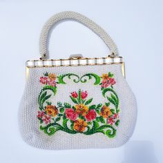 Vintage Very Rare Beautiful Beaded Bag Cream Floral By Laura Usa Made In Hong Kong Believe To Be From 1950 Era In Excellent Condition. The Beads Are Clear Over A Colored Print. Has A Little Wear And There Are A Couple Of Dark Spots On End Of Threads. Probably Could Be Cleaned By A Professional, Since It's Vintage I'm Not Going To Attempt. Please See The Pictures. Totally Wonderful Find Preowned All Measurement Are Approximate Not Including Handle Length: 12.5" Widest Point Height: 9.5" Vintage Rectangular Bag With Pearl Embroidery, White Embellished Bag For Everyday Use, Formal Beaded Beige Bag, Vintage White Embellished Bags, White Embellished Rectangular Bag, White Embellished Rectangular Bags, Usa Bag, Green Cream, Crochet Projects