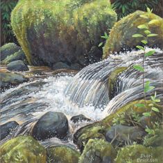 a painting of a waterfall in the woods