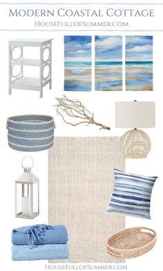 blue and white decor with text that reads modern coastal cottage