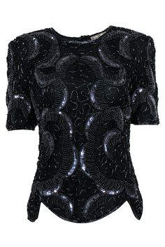 Current Boutique-Royal Feelings - Vintage Black Beaded & Sequin Silk Blouse w/ Petaled Hem Sz S Glamorous Fitted Short Sleeve Tops, Sequin Stretch Blouse For Night Out, Stretch Sequined Blouse For Night Out, Fitted Embellished Evening Tops, Fitted Embellished Tops For Evening, Embellished Fitted Evening Top, Embellished Fitted Top For Evening, Stretch Sequin Blouse For Party Season, Holiday Contrast Sequin Fitted Top