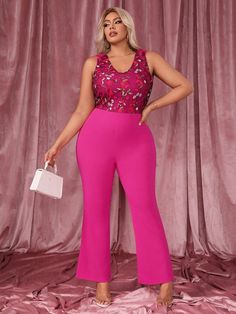 Plus Floral Embroidered Mesh Panel Flare Leg Jumpsuit Hot Pink Elegant  Sleeveless Knitted Fabric Floral Unitard Medium Stretch  Women Plus Clothing, size features are:Bust: ,Length: ,Sleeve Length: Plus Size Jumpsuit, Mesh Panel, Kids Beachwear, Plus Clothing, All Fashion, Women Clothes Sale, Hot Pink, Length Sleeve, Latest Trends