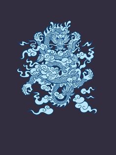 a blue and white drawing of a dragon on a black background with clouds in the sky