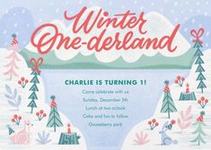 the winter one -derland flyer is shown with trees, snow and deers