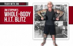 a man with tattoos on his arms and legs standing in front of a gym poster