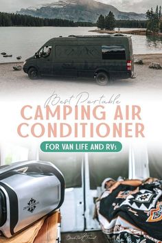 a van parked next to a lake with the words camping air conditioner on it