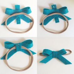 four pictures of different types of bows and hair clips on a white surface, with one being cut in half by scissors