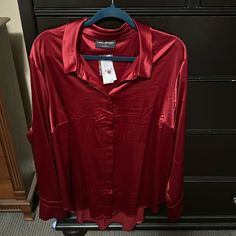 Lane Bryant Women’s Red Silk Button Down Dress Shirt Red Button-up Blouse For Party, Red Button-up Party Blouse, Red Button-up Top For Night Out, Red Button Closure Shirt For Party, Red Button Closure Party Shirt, Red Party Shirt With Button Closure, Red Button Closure Shirt For Daywear, Red Shirt With Button Closure For Daywear, Red Button-up Shirt For Daywear