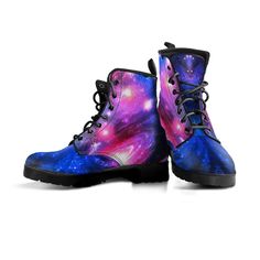 Galaxy Boot Shoes, Women's Boots, Vegan Leather Combat Boots, Classic Boot, Casual Boots Women Vegan Leather Boots ▶IMPORTANT NOTICE: These boots run half size bigger than usual sizes. They are for thick socks days ! Check out more boot designs here: https://www.etsy.com/shop/MaysDesignCo/ Product Details; ▶ Not sold in stores. This is a Made to Order item. ▶Vegan-friendly leather with a double-sided print and rounded toe construction. ▶  Lace-up closures for a snug fit. ▶ Soft textile lining wi Purple Leather Boots With Round Toe, Multicolor Leather Lace-up Boots With Round Toe, Purple Round Toe Boots For Outdoor, Purple Round Toe Outdoor Boots, Purple Leather Ankle-high Boots, Purple Leather Lace-up Boots, Trendy Purple Boots With Round Toe, Purple Lace-up Leather Boots, Trendy Purple Round Toe Boots