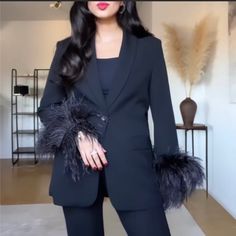 Bloggers Fav And Most Popular Black Feather Trim Pocket Blazer Perfect To Dress It Up On A Jeans,Pant,Mini Dress Etc!!Sold Out!!Feather Sleeves Are Removable Chic Outerwear With Feather Trim For Evening, Formal Feathered Outerwear For Winter, Chic Evening Outerwear With Feather Trim, Elegant Winter Outerwear With Feathers, Fall Long Sleeve Blazer With Feather Trim, Elegant Winter Blazer With Feathers, Chic Fitted Feathered Outerwear, Elegant Formal Outerwear With Feathers, Elegant Winter Feathered Outerwear