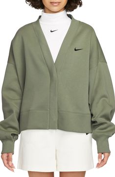 Comfy Cotton Outerwear With Relaxed Fit, Oversized Nike Sweater For Fall, Nike Oversized Sweatshirt For Loungewear, Nike Sporty Sweater For Fall, Nike Sporty Fall Sweater, Cozy Cotton Cardigan With Ribbed Cuffs, Oversized Nike Sweater For Winter, Oversized Athleisure Outerwear For Everyday, Oversized Cotton Outerwear In Athleisure Style