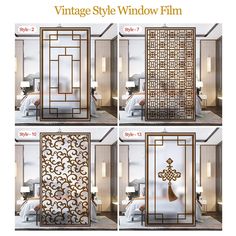 four different views of an open door with decorative designs on it and the text vintage style window film