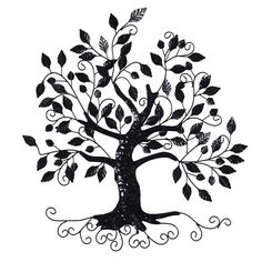 a black and white drawing of a tree with leaves on it's branches, in the shape of a heart