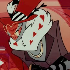 an animated image of a clown with hearts on his face and mouth, wearing a red hat