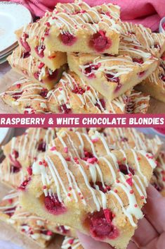 raspberry and white chocolate blondies are stacked on top of each other