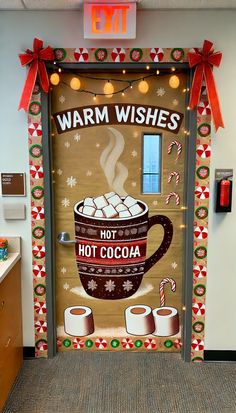 an office door decorated with warm wishes and hot cocoa