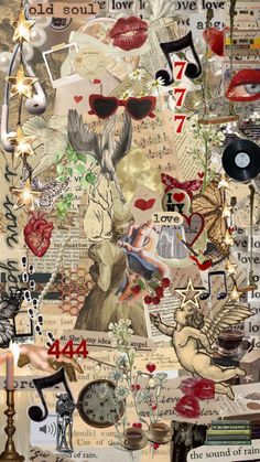 a collage with many different items and words on it's side, including a clock