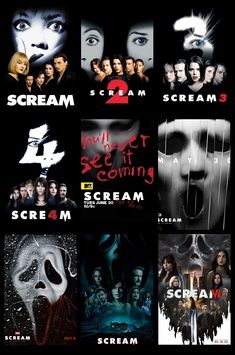 the scream movie poster is shown in multiple different colors and font styles, including one for each film character