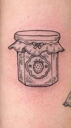 Non Cringe Matching Tattoos, Marmalade Jar Tattoo, Blueberry Pie Tattoo, Patchwork Tattoo Layout, Vintage Americana Tattoo, Jam Tattoo Jar Of, Strawberry Jam Jar Tattoo, Pushing Daisies Tattoo, Orange Tattoo Traditional