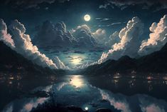 the night sky is full of clouds and stars, as well as mountains are reflected in the water