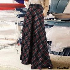 Olivia Mark - High-Waisted Casual Loose Fit Plaid Maxi Skirt - Fashionable Midi Skirt with Flared Hem Plaid Maxi Skirt, Skirt Casual, Elegant Skirt, Long Maxi Skirts, Women Maxi, Casual Black, Casual Skirts, Plaid Skirts, Types Of Skirts