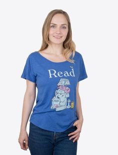 ELEPHANT & PIGGIE Read Women's T-Shirt (Dolman) Bookish Cotton Tops With Character Print, Bookish Short Sleeve Screen Print Tops, Bookish Crew Neck Top With Character Print, Summer Bookish T-shirt With Graphic Print, Bookish Graphic Print T-shirt For Summer, Graphic Print Crew Neck T-shirt For Reading, Elephant And Piggie, American Library, Female Books